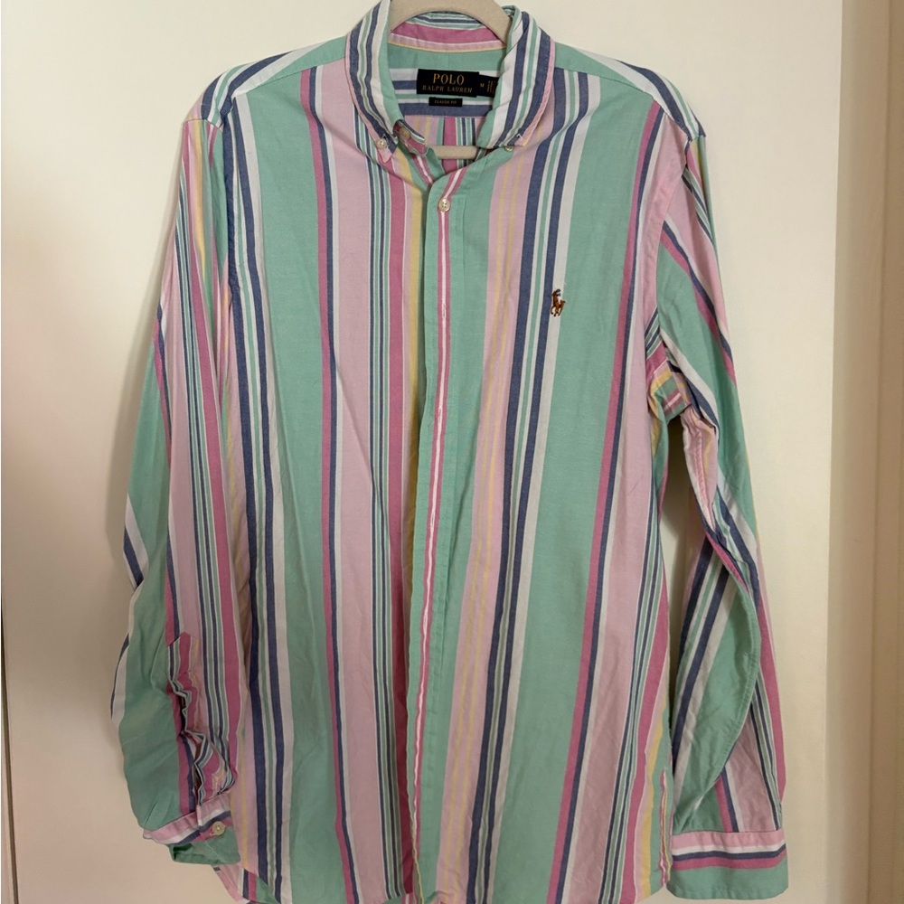 Ralph Lauren Men's Striped Shirt in Green, Pink, and Blue